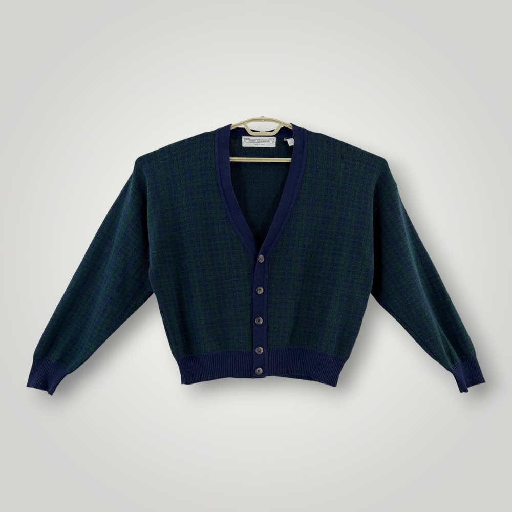 John Ashford Mens Plaid Cardigan Sweater Green Navy Wool Blend Made in Italy